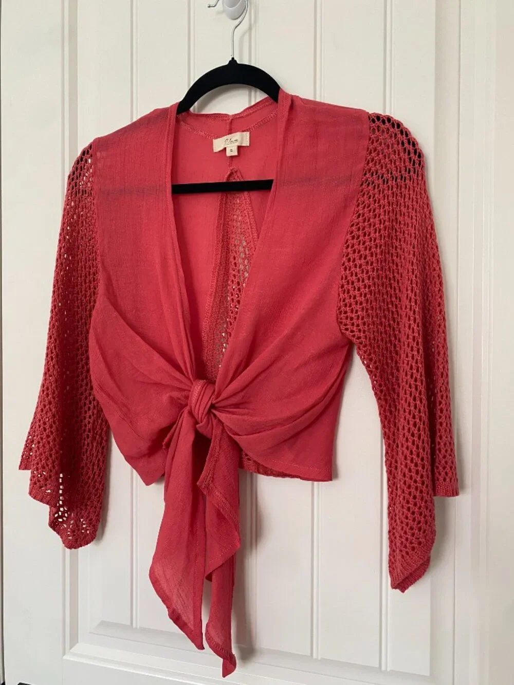 Elan | Tie Front Crocheted Top & Pull On Pants in Coral